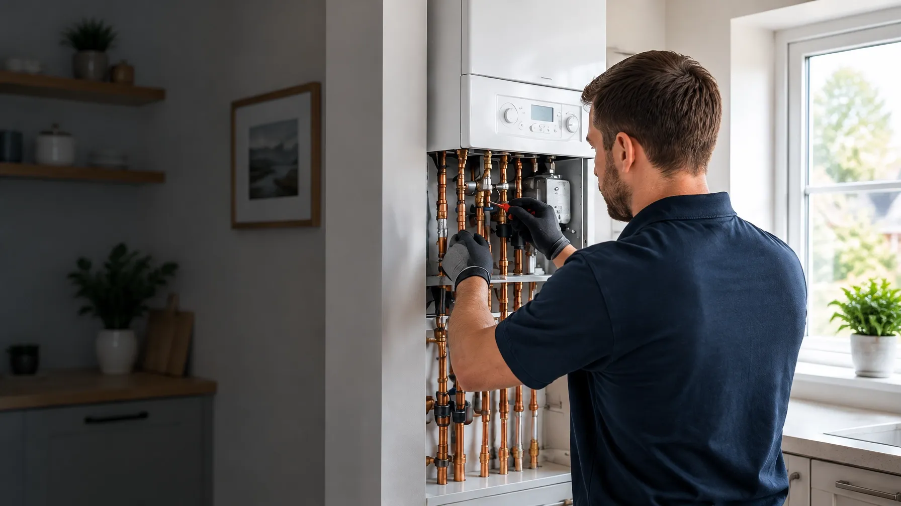 CAM heating engineer servicing a modern boiler in a bright home